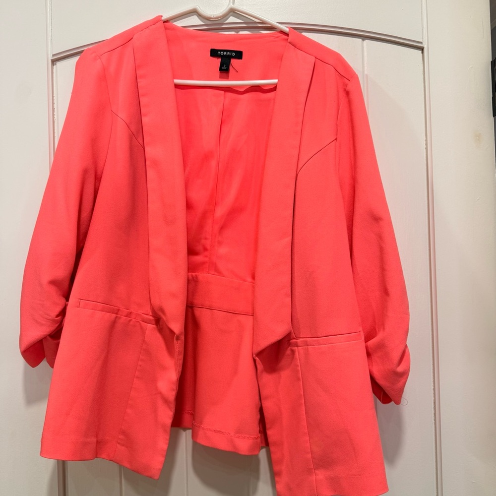 Torrid Coral Open Front Blazer Ruched Sleeve Jacket Plus Size